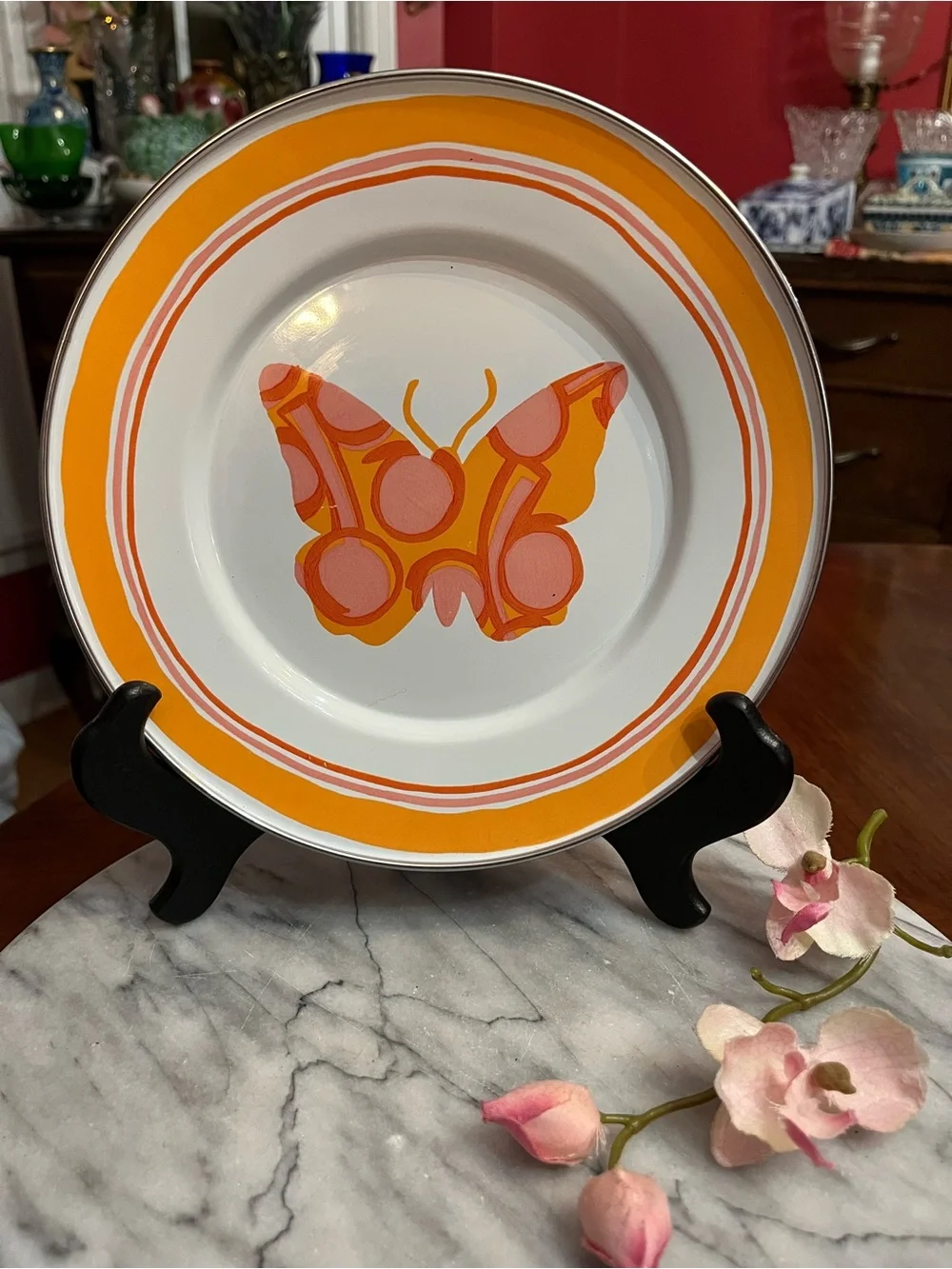 Rare VTG Golden Rabbit Enamelware Butterfly Plates Michal Sparks 4-Set Retro
